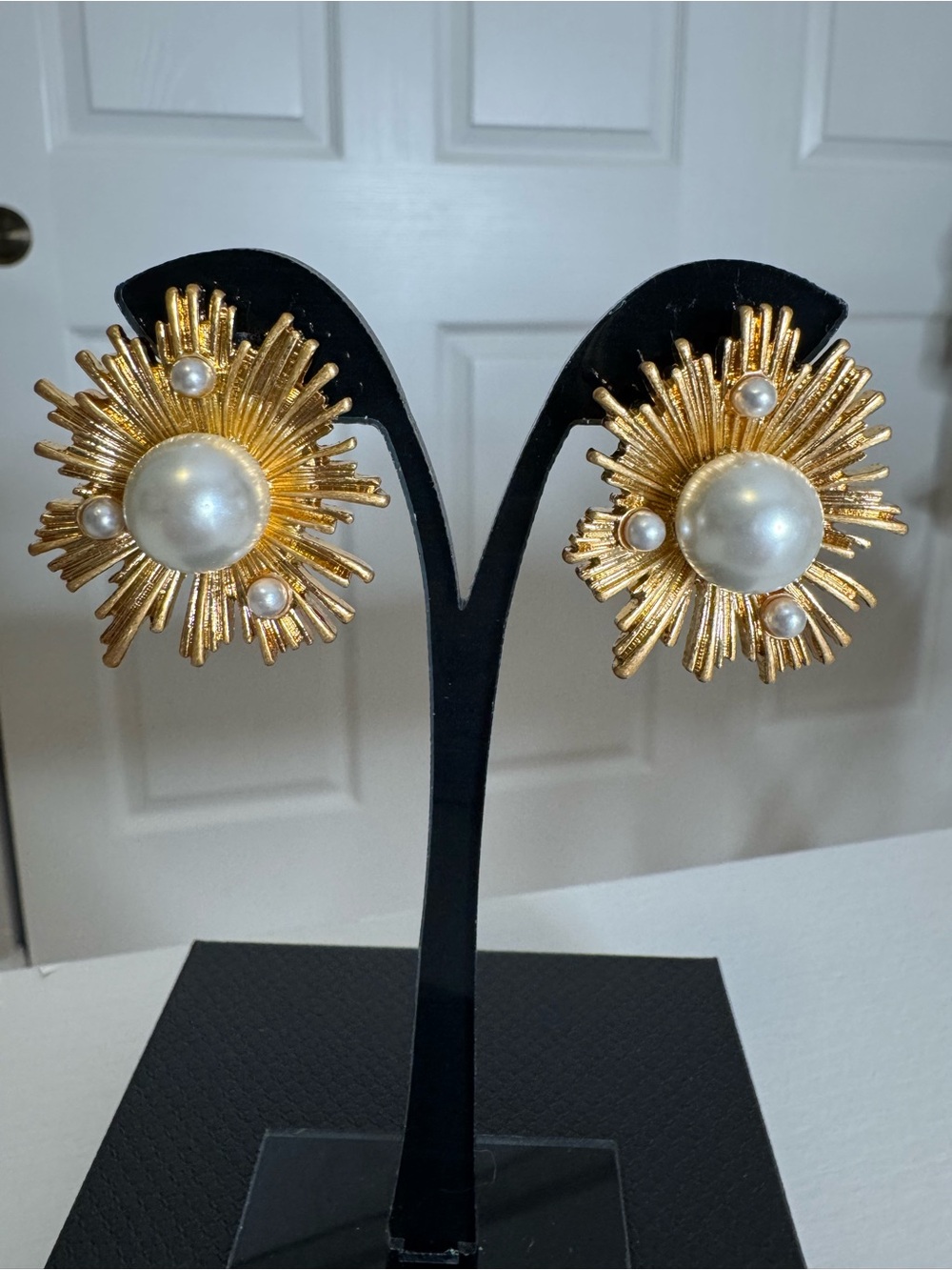 Gold Pearl Burst Statement Earrings - Women Jewelry